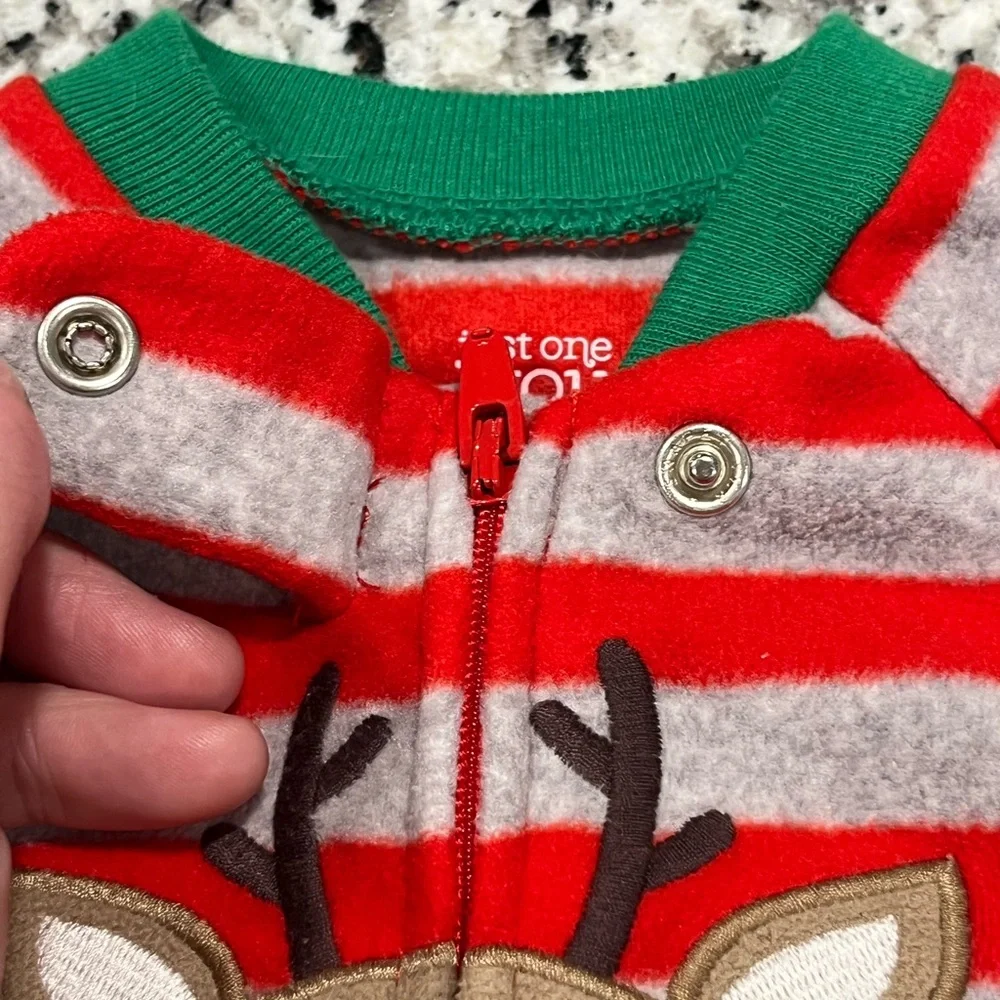 Carters Red & Gray Striped Christmas Reindeer Baby Fleece One-Piece, Newborn